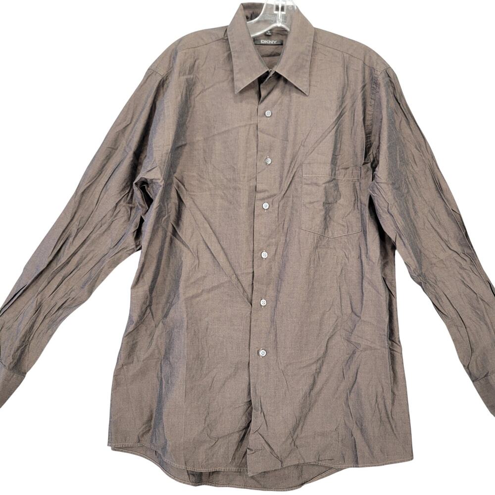 DKNY Dark Brown Shirt Classic Long Sleeves Button Up 2 Ply Cotton Mens Size 16 L
